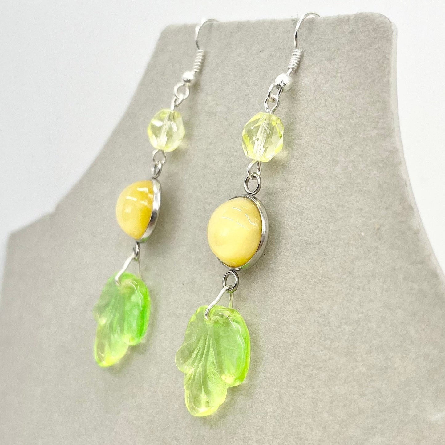 Vintage Yellow Uranium Glass Leaf Drop Czech Cabachon Earrings Silver Plate with UV Reactive Glow TheGreenGlassGemShop