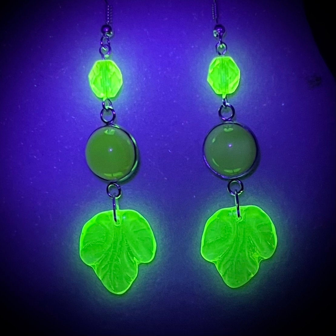 Vintage Yellow Uranium Glass Leaf Drop Czech Cabachon Earrings Silver Plate with UV Reactive Glow TheGreenGlassGemShop