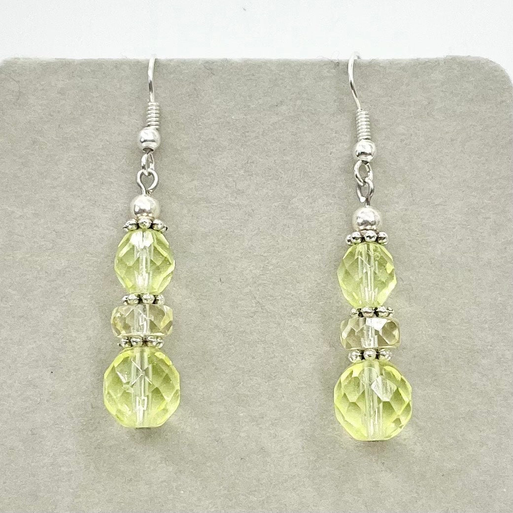 Vintage Yellow Jonquil Uranium Glass Bead Drop Earrings Silver Plate UV Reactive Glow with Czech Firepolished Crystal Beads TheGreenGlassGemShop