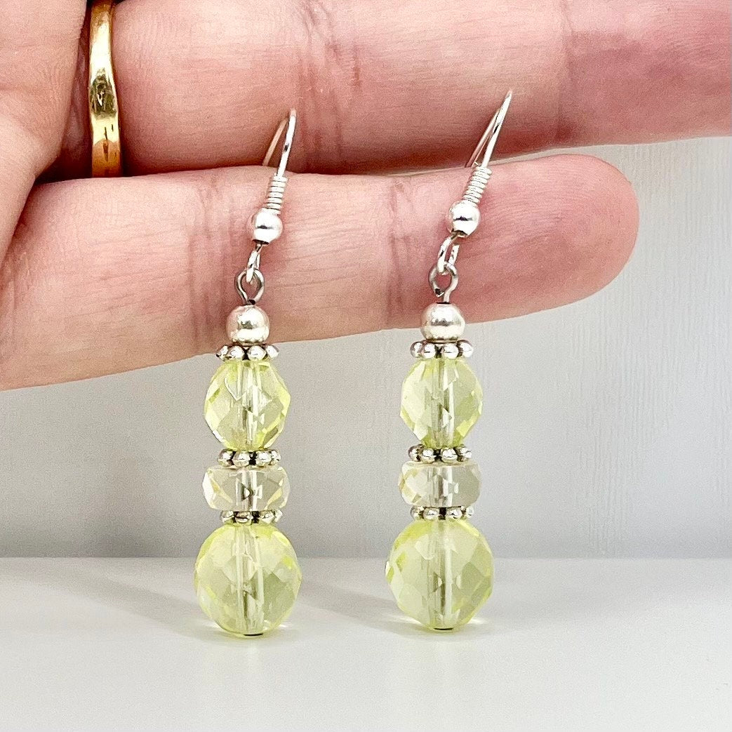 Vintage Yellow Jonquil Uranium Glass Bead Drop Earrings Silver Plate UV Reactive Glow with Czech Firepolished Crystal Beads TheGreenGlassGemShop