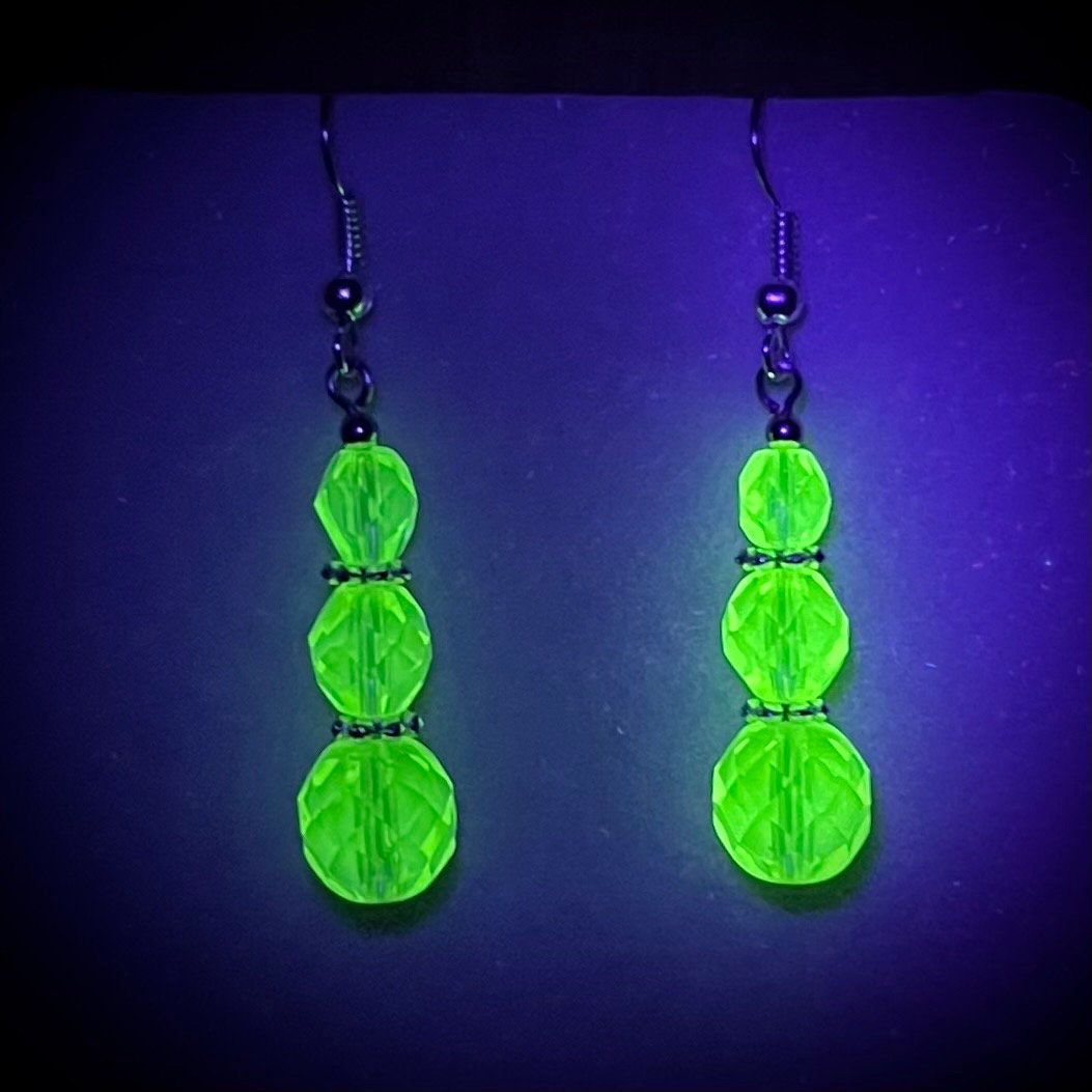 Vintage Yellow Jonquil Uranium Glass Trio Bead Drop Earrings Silver Plate UV Reactive Glow with Czech Firepolished Crystal Beads TheGreenGlassGemShop