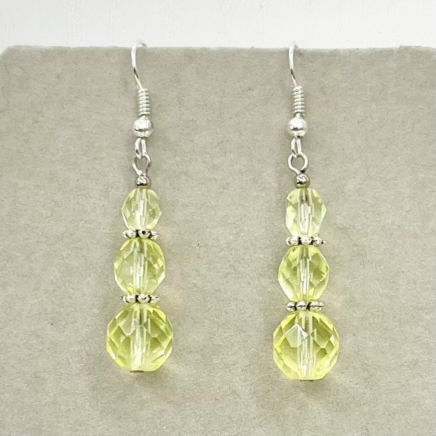 Vintage Yellow Jonquil Uranium Glass Trio Bead Drop Earrings Silver Plate UV Reactive Glow with Czech Firepolished Crystal Beads TheGreenGlassGemShop