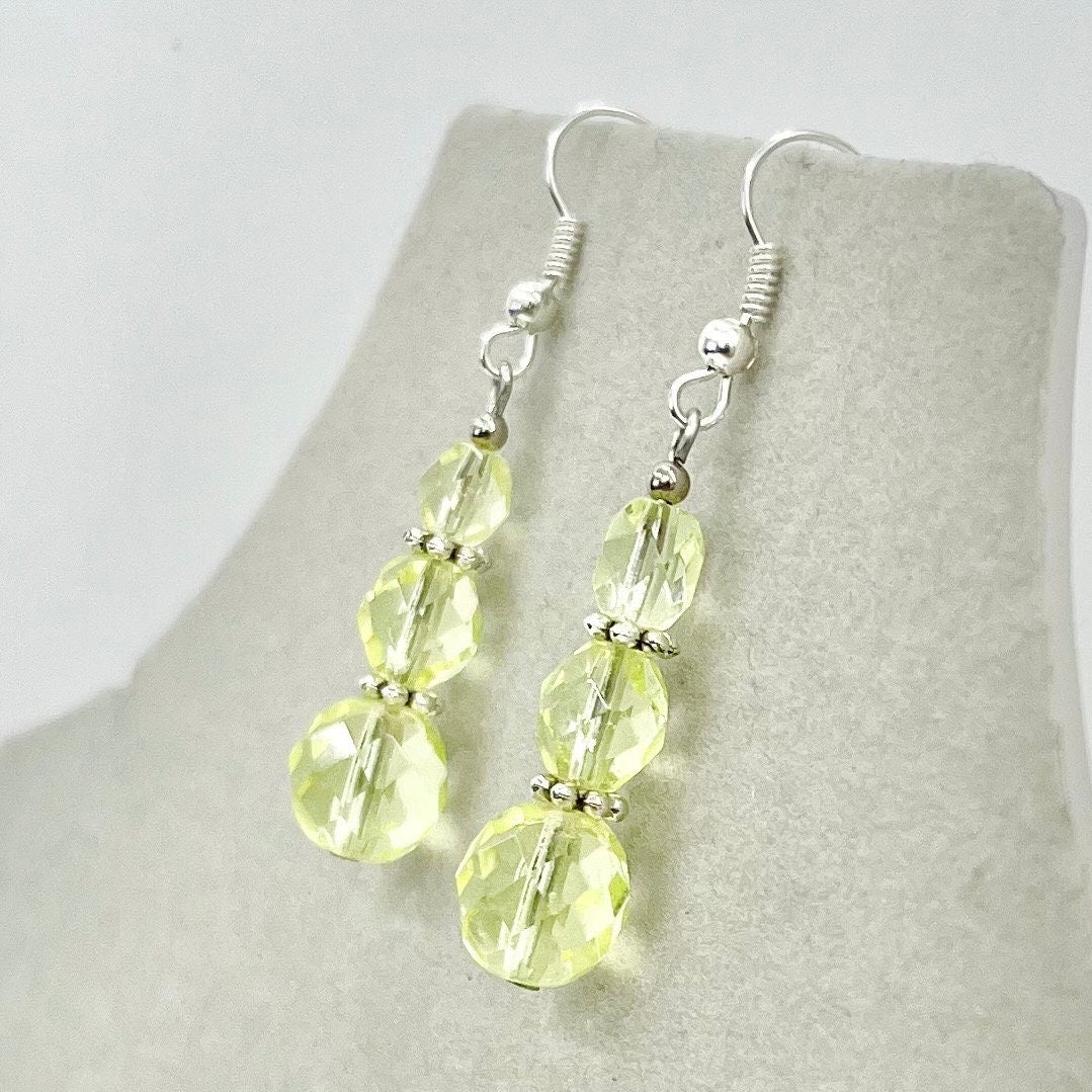 Vintage Yellow Jonquil Uranium Glass Trio Bead Drop Earrings Silver Plate UV Reactive Glow with Czech Firepolished Crystal Beads TheGreenGlassGemShop