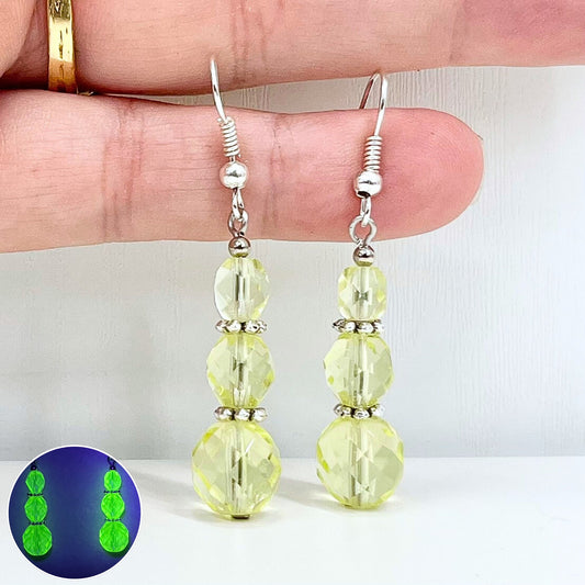 Vintage Yellow Jonquil Uranium Glass Trio Bead Drop Earrings Silver Plate UV Reactive Glow with Czech Firepolished Crystal Beads TheGreenGlassGemShop