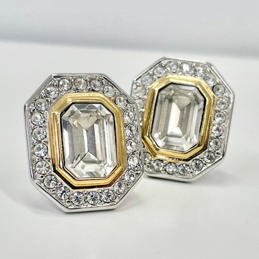 Vintage Large Clear Crystal Emerald Cut Statement Clip On Earrings Silver & Gold Plated Hollywood Glamour TheGreenGlassGemShop