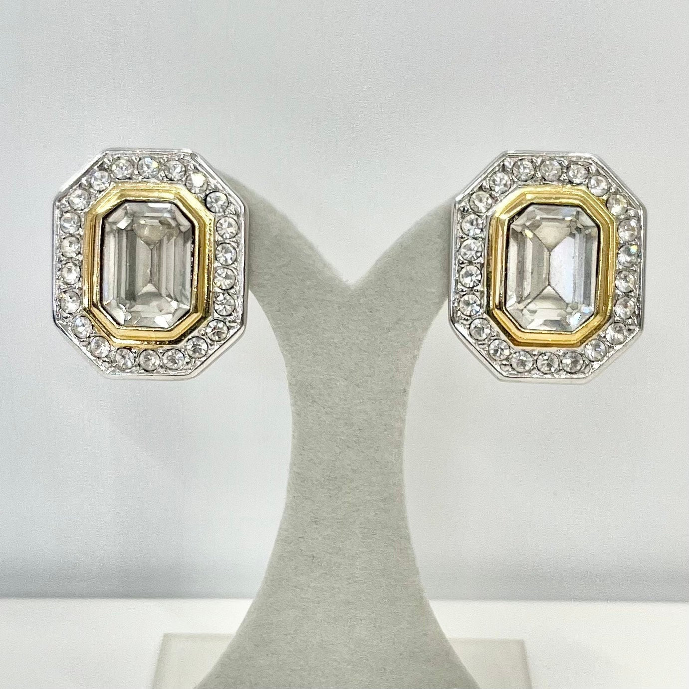 Vintage Large Clear Crystal Emerald Cut Statement Clip On Earrings Silver & Gold Plated Hollywood Glamour TheGreenGlassGemShop