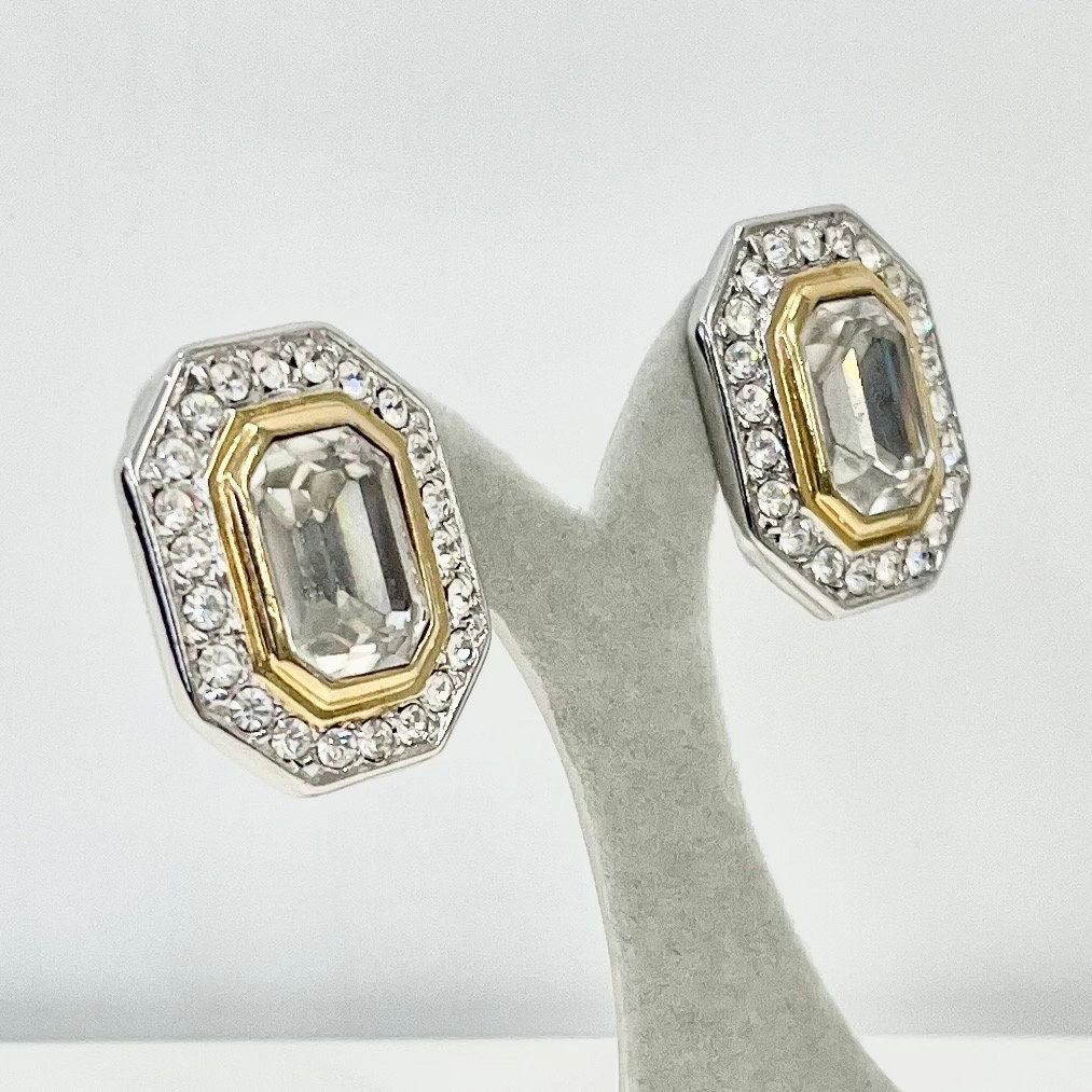 Vintage Large Clear Crystal Emerald Cut Statement Clip On Earrings Silver & Gold Plated Hollywood Glamour TheGreenGlassGemShop