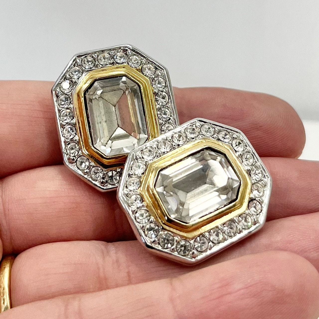 Vintage Large Clear Crystal Emerald Cut Statement Clip On Earrings Silver & Gold Plated Hollywood Glamour TheGreenGlassGemShop