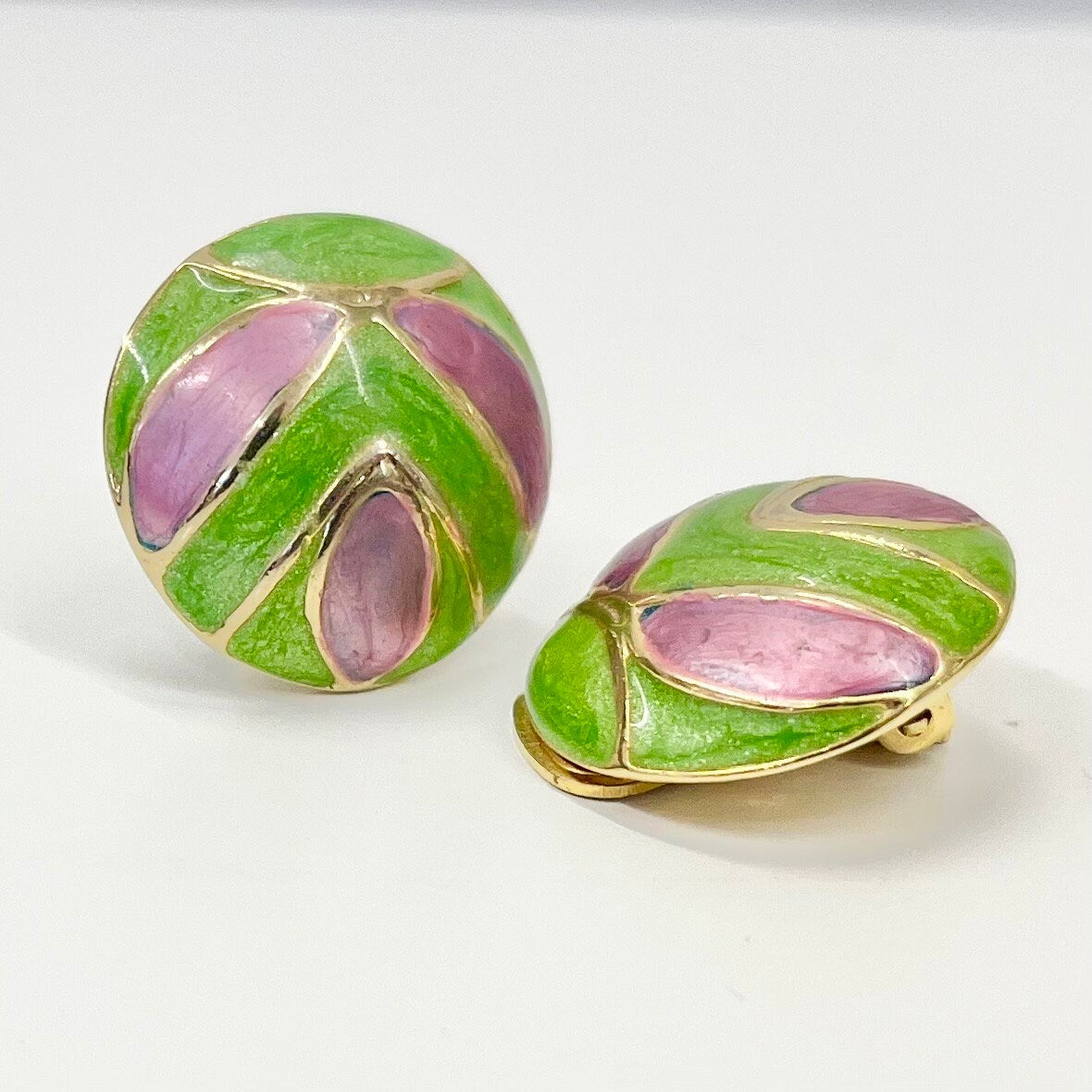 Vintage Enamel Clip On Earrings Pink & Green in a Gold Tone Setting 1980’s - 1990’s TheGreenGlassGemShop