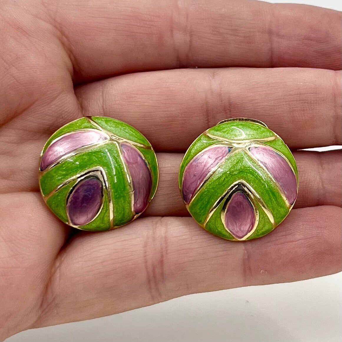 Vintage Enamel Clip On Earrings Pink & Green in a Gold Tone Setting 1980’s - 1990’s TheGreenGlassGemShop