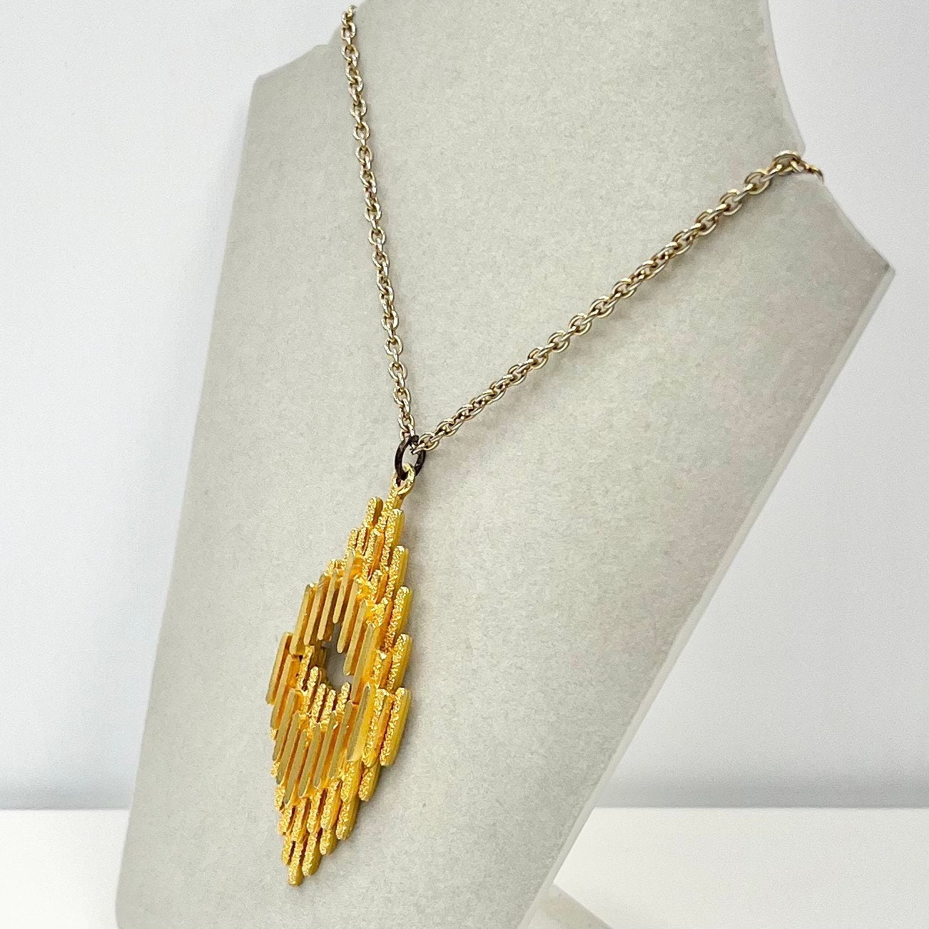 Vintage 1970‘s Gold Plate Brutalist Pendant Necklace in a Layered Diamond Shape Design with a 27” Chain TheGreenGlassGemShop