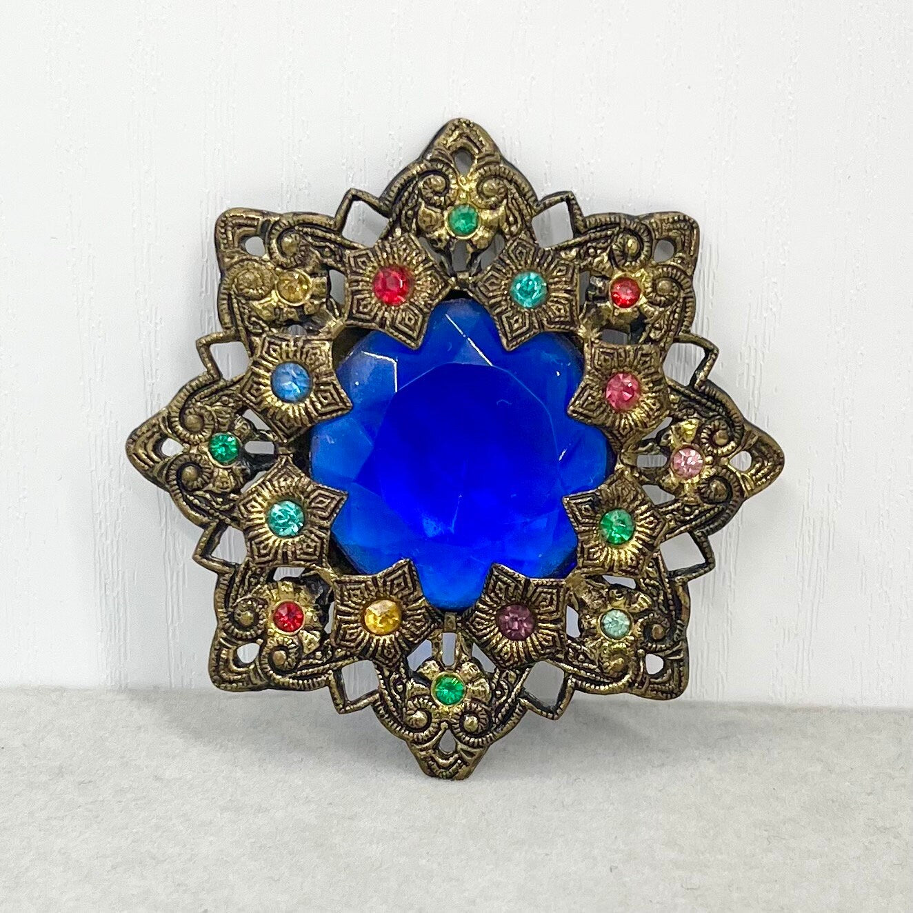 Antique Large Art Deco Blue Czech Glass Crystal Brooch in a Brass Stamping Filigree Setting Exceptional Quality Vintage Brooch TheGreenGlassGemShop