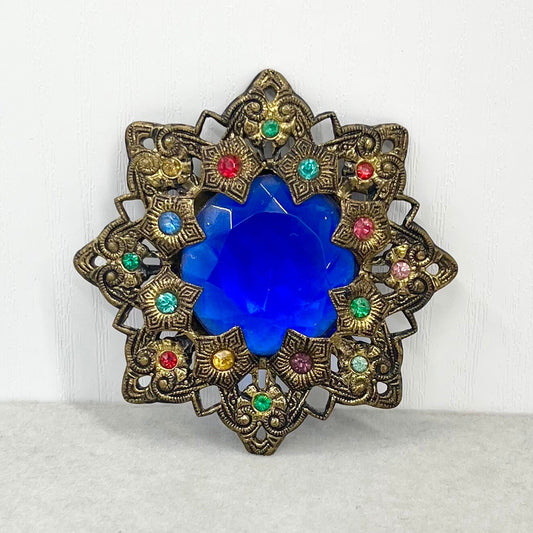 Antique Large Art Deco Blue Czech Glass Crystal Brooch in a Brass Stamping Filigree Setting Exceptional Quality Vintage Brooch TheGreenGlassGemShop