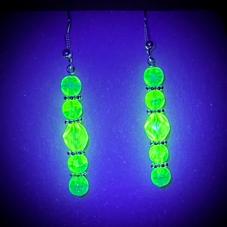 Handmade Yellow Jonquil & Blue Uranium Crackle Glass Bead Drop Earrings Silver Plate UV Reactive Glow TheGreenGlassGemShop