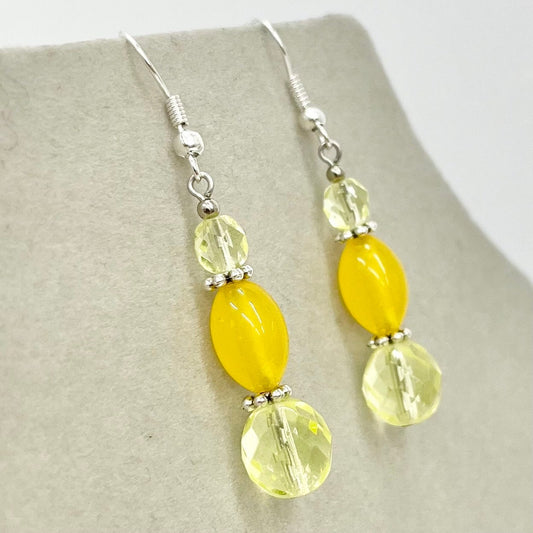 Vintage Yellow Jonquil Uranium Glass Bead Drop Earrings Silver Plate UV Reactive Glow with Czech Firepolished & Czech Beads TheGreenGlassGemShop