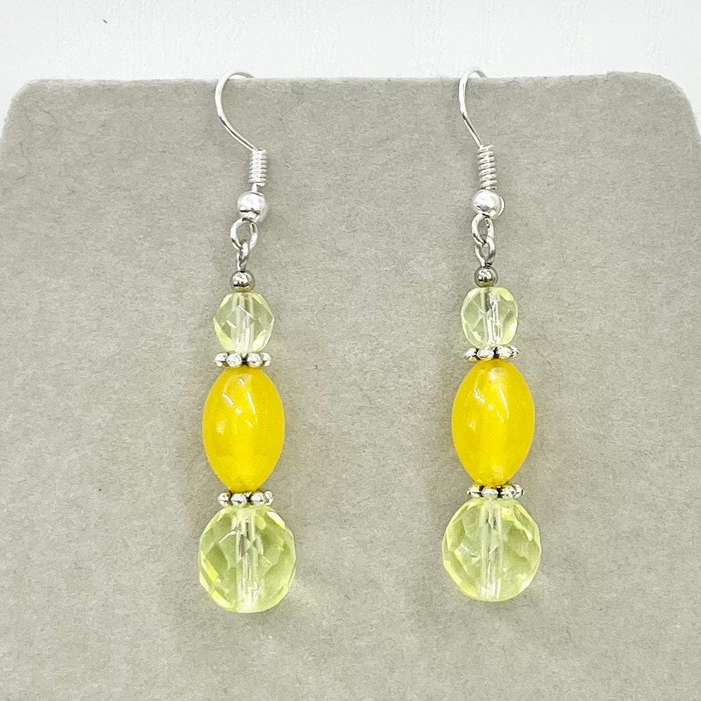 Vintage Yellow Jonquil Uranium Glass Bead Drop Earrings Silver Plate UV Reactive Glow with Czech Firepolished & Czech Beads TheGreenGlassGemShop