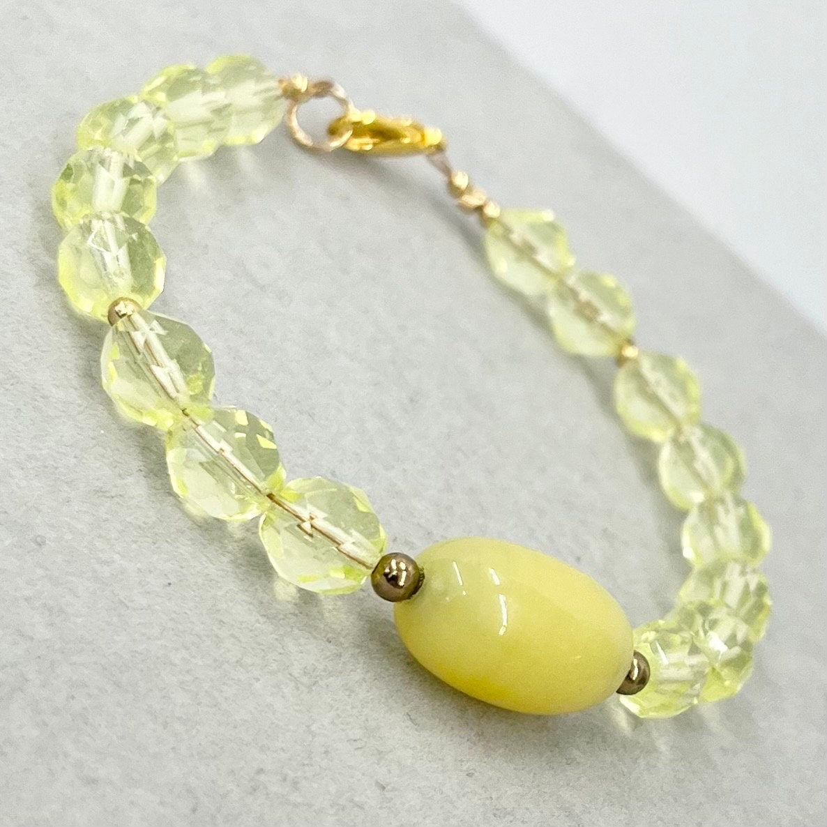 Handmade Yellow Uranium Glass Vintage Firepolished Crystal Bead Bracelet UV Reactive Glow Jewellery Gold Plated Clasp TheGreenGlassGemShop