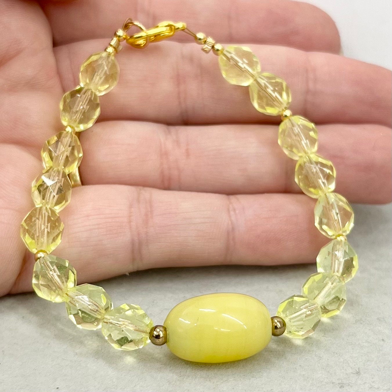 Handmade Yellow Uranium Glass Vintage Firepolished Crystal Bead Bracelet UV Reactive Glow Jewellery Gold Plated Clasp TheGreenGlassGemShop