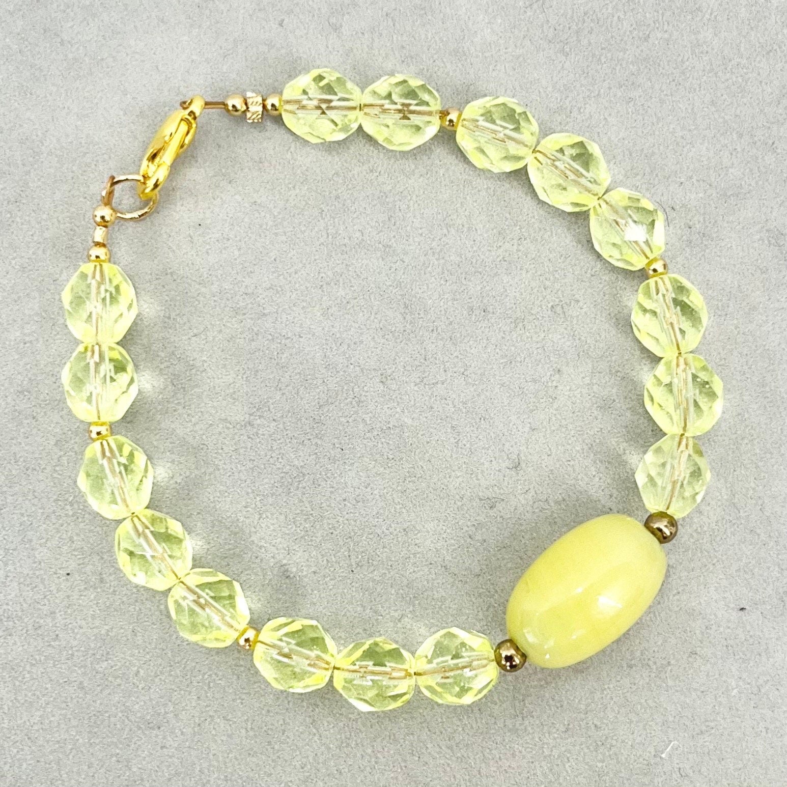 Handmade Yellow Uranium Glass Vintage Firepolished Crystal Bead Bracelet UV Reactive Glow Jewellery Gold Plated Clasp TheGreenGlassGemShop