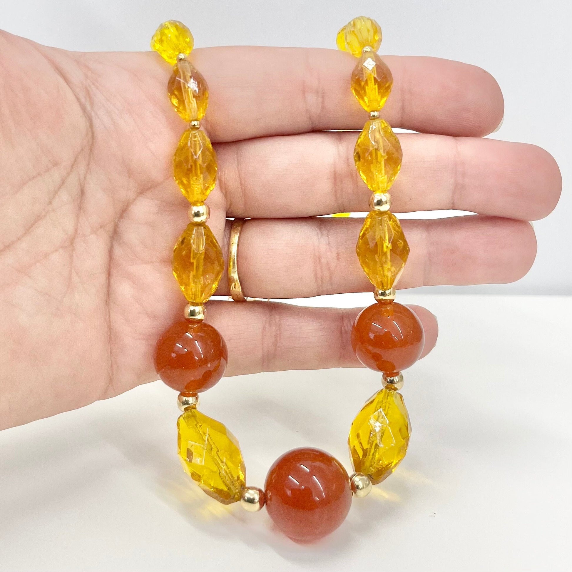 Vintage Carnelian Glass Uranium & Amber Yellow Cadmium Graduated Bead Necklace Bright Green / Orange UV Reactive Glow TheGreenGlassGemShop