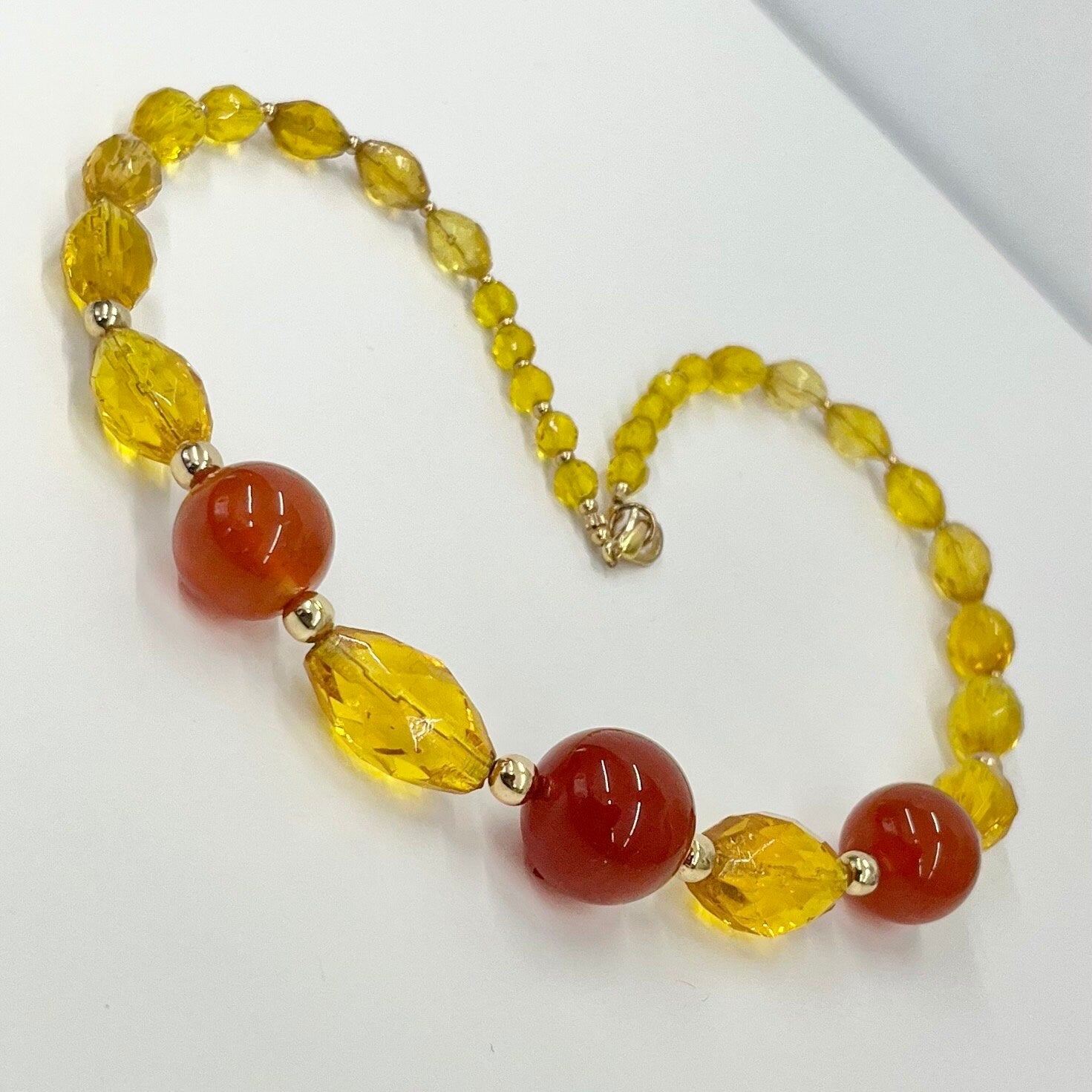 Vintage Carnelian Glass Uranium & Amber Yellow Cadmium Graduated Bead Necklace Bright Green / Orange UV Reactive Glow TheGreenGlassGemShop