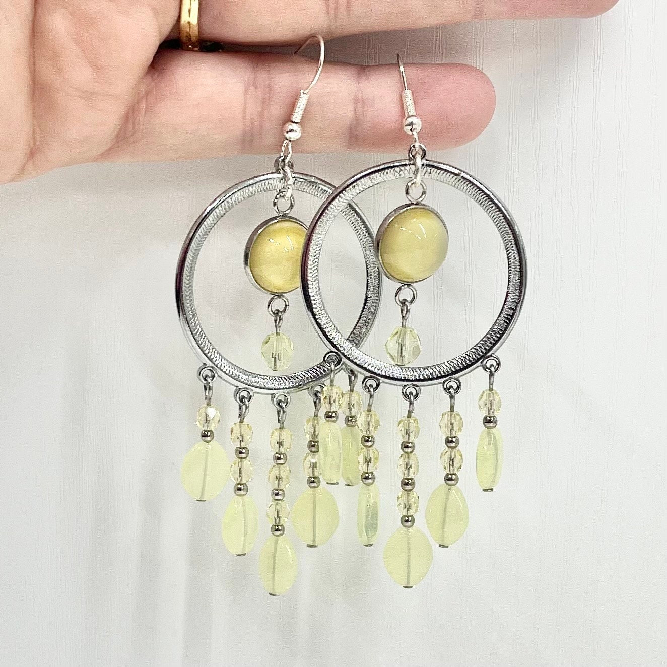 Handmade Yellow Uranium Glass Bead Drop Earrings Circular Chandelier Style UV Reactive Glow with Vintage Czech Firepolished Crystal Beads TheGreenGlassGemShop