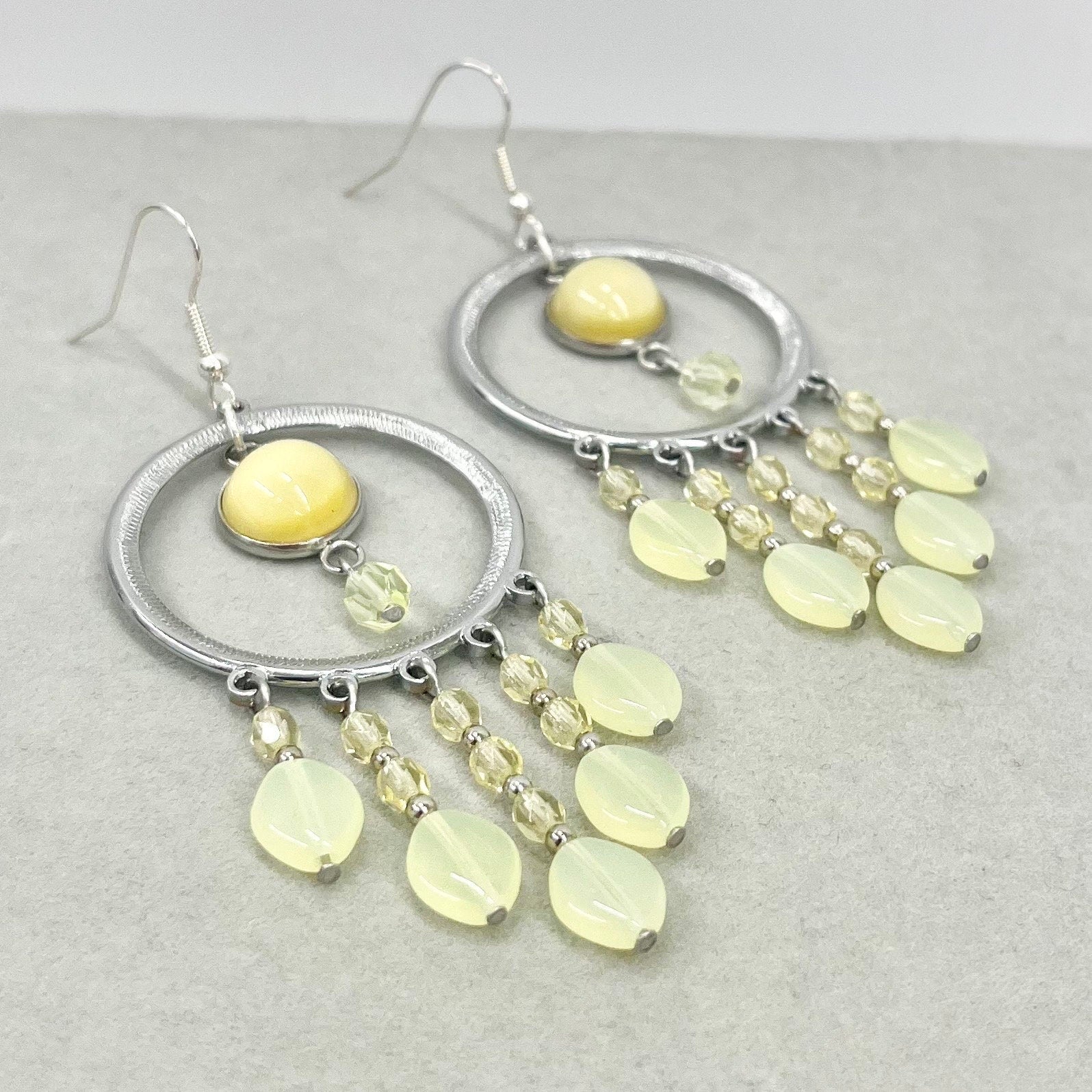 Handmade Yellow Uranium Glass Bead Drop Earrings Circular Chandelier Style UV Reactive Glow with Vintage Czech Firepolished Crystal Beads TheGreenGlassGemShop