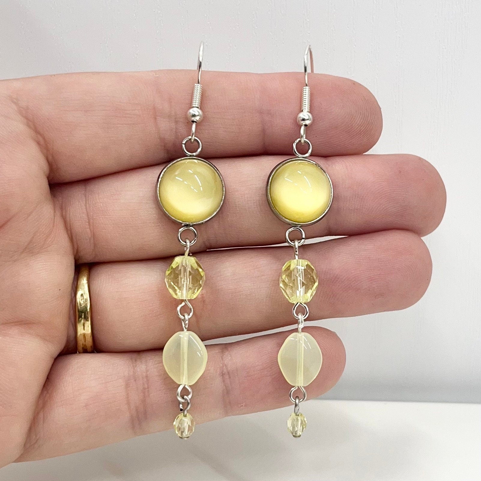 Handmade Long Yellow Uranium Glass Bead Drop Earrings UV Reactive Glow Vintage Czech Firepolished Crystal Beads TheGreenGlassGemShop