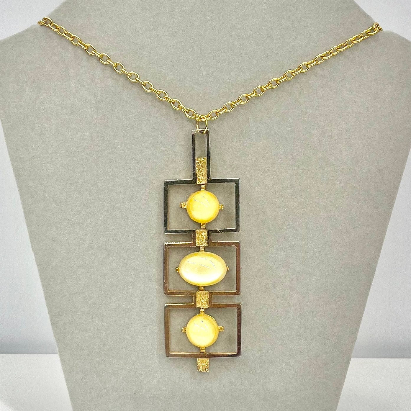 Vintage Yellow Czech Glass Modernist Pendant on a 28” Chain with Uranium Glasd Cabochons UV Reactive Glow TheGreenGlassGemShop