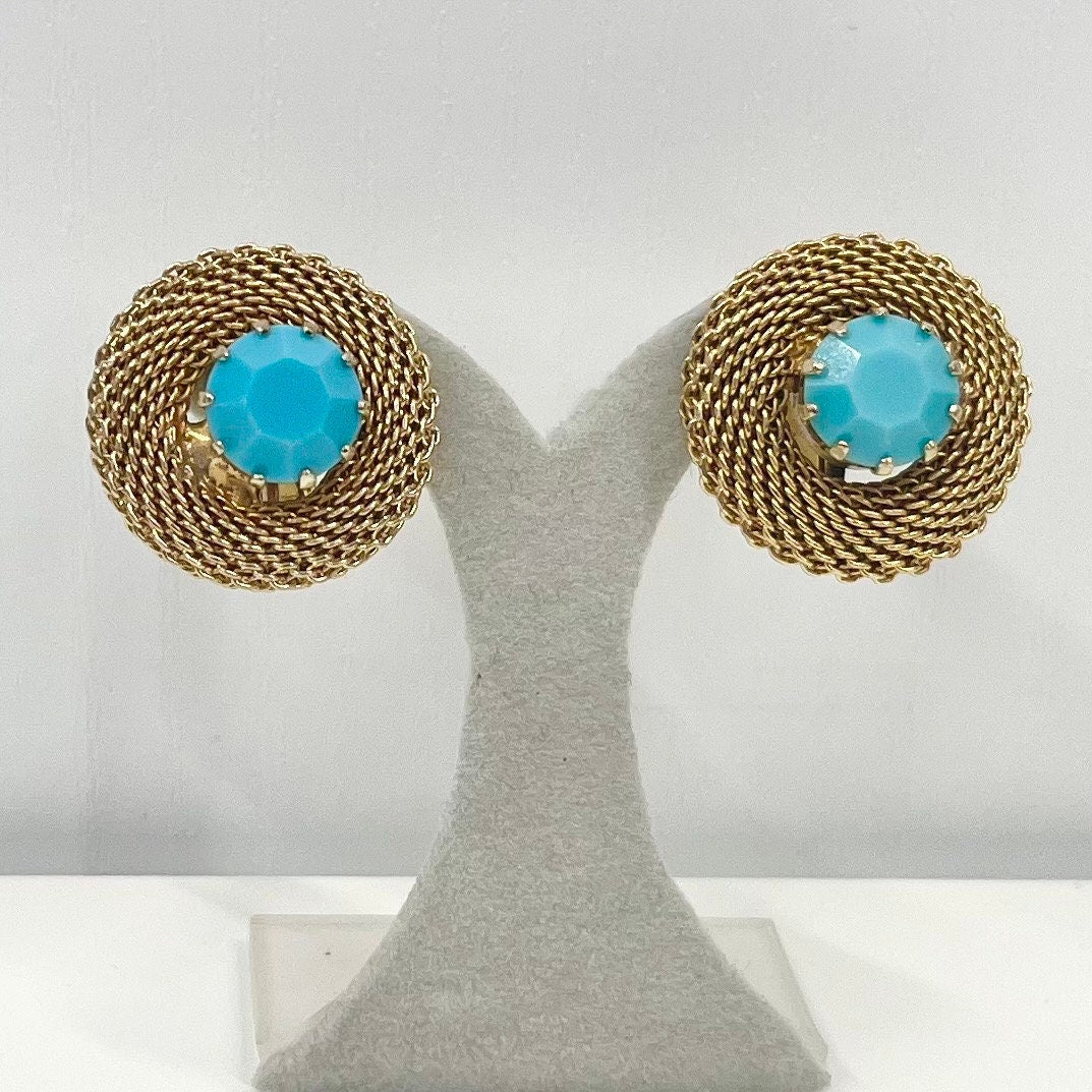 Vintage Faux Turquoise Blue Round Woven Mesh Clip On Earrings Gold Plated Hollywood Glamour TheGreenGlassGemShop