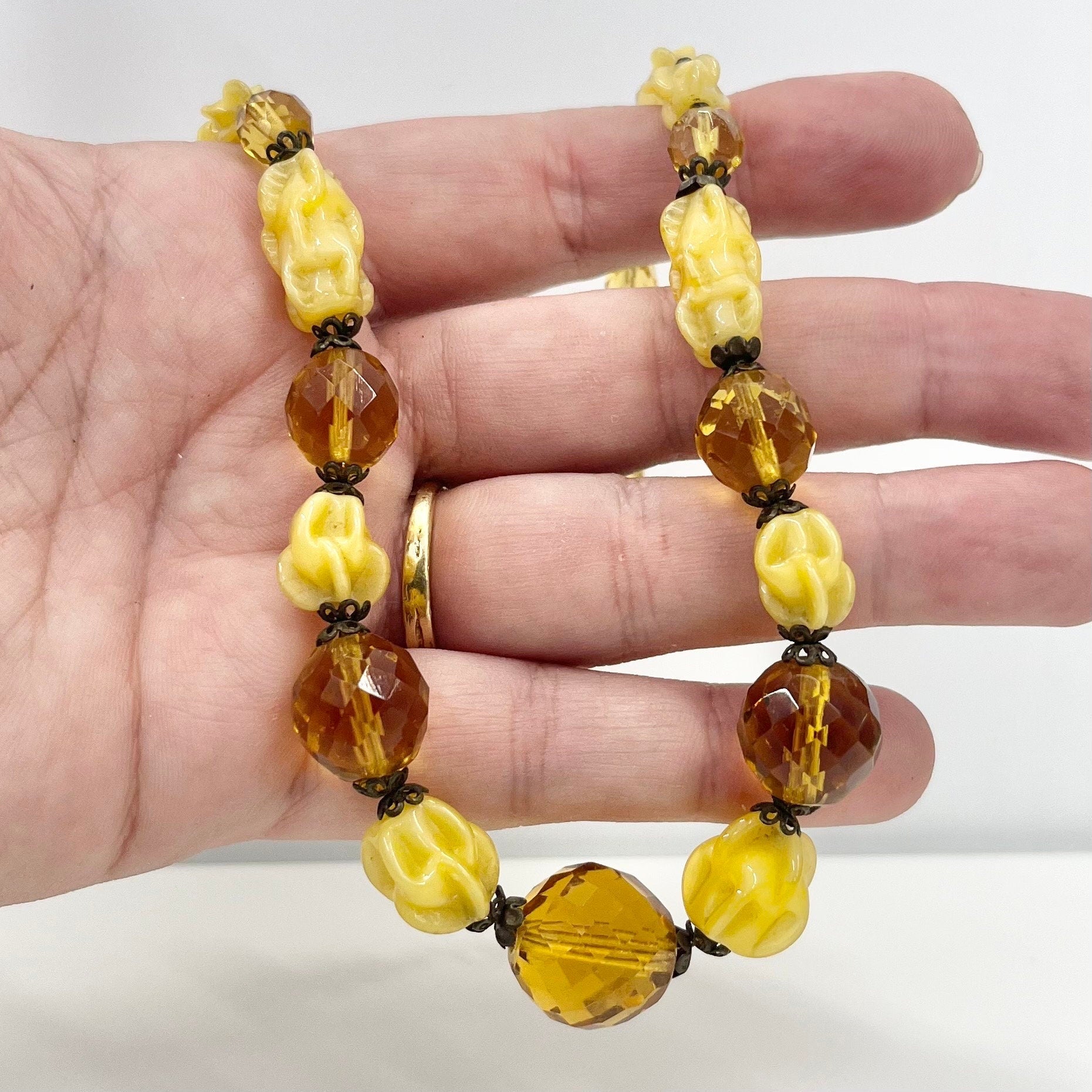 Vintage Art Deco Yellow Uranium Glass & Amber Glass Bead Necklace Bright Green UV Reactive Glow Jewellery 16” Long TheGreenGlassGemShop