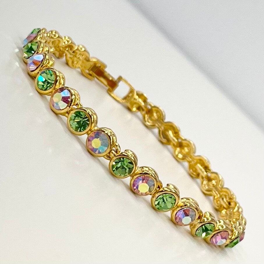 Vintage Green Uranium & Aurora Borealis Rose Pink Glass Crystal Tennis Bracelet Gold Tone Metal UV Reactive Glow Jewellery TheGreenGlassGemShop