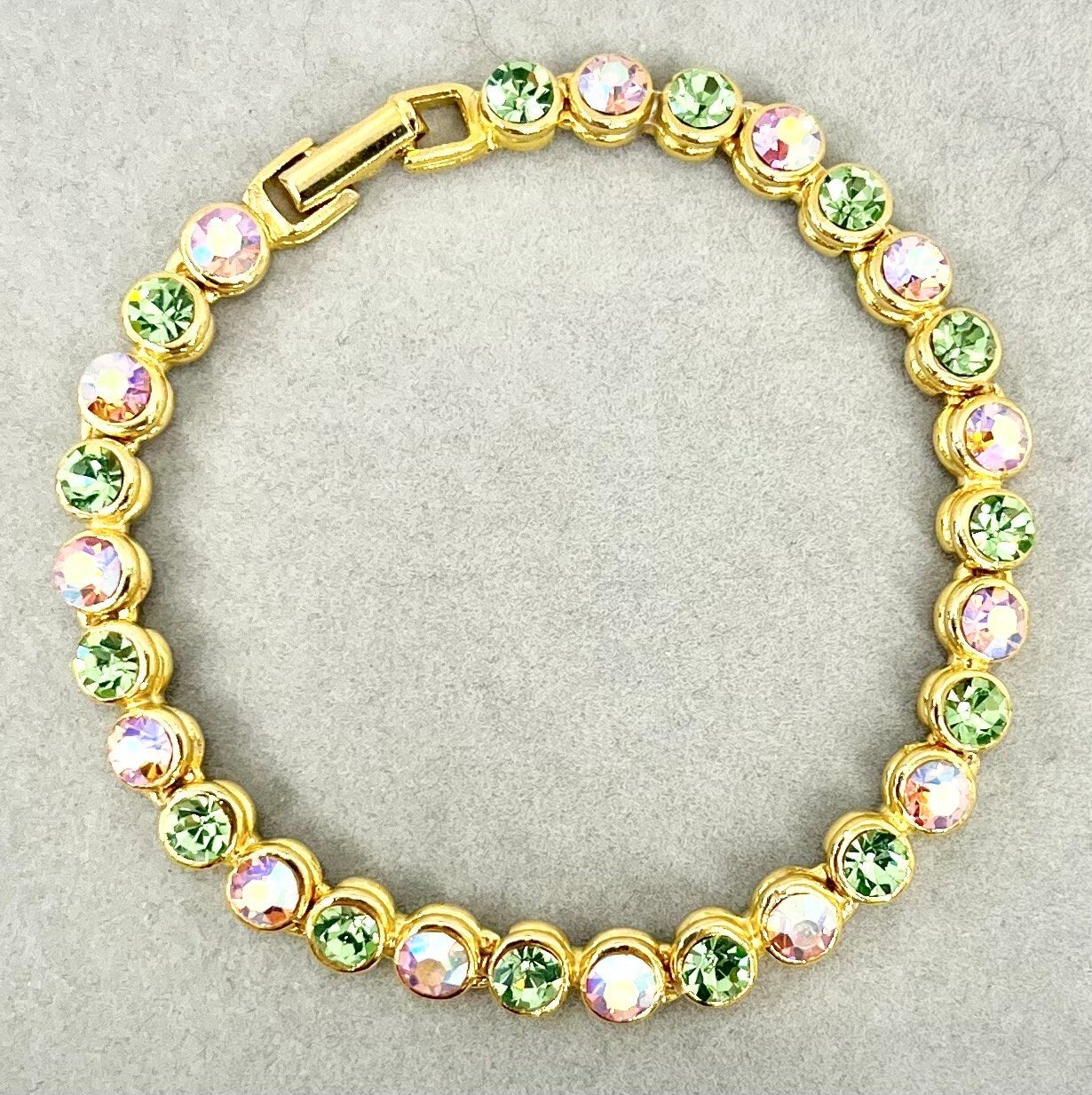 Vintage Green Uranium & Aurora Borealis Rose Pink Glass Crystal Tennis Bracelet Gold Tone Metal UV Reactive Glow Jewellery TheGreenGlassGemShop