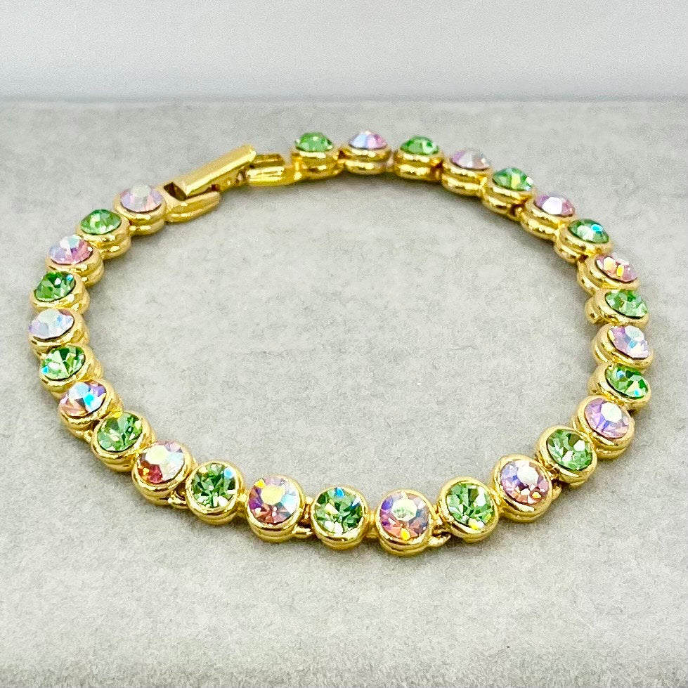 Vintage Green Uranium & Aurora Borealis Rose Pink Glass Crystal Tennis Bracelet Gold Tone Metal UV Reactive Glow Jewellery TheGreenGlassGemShop