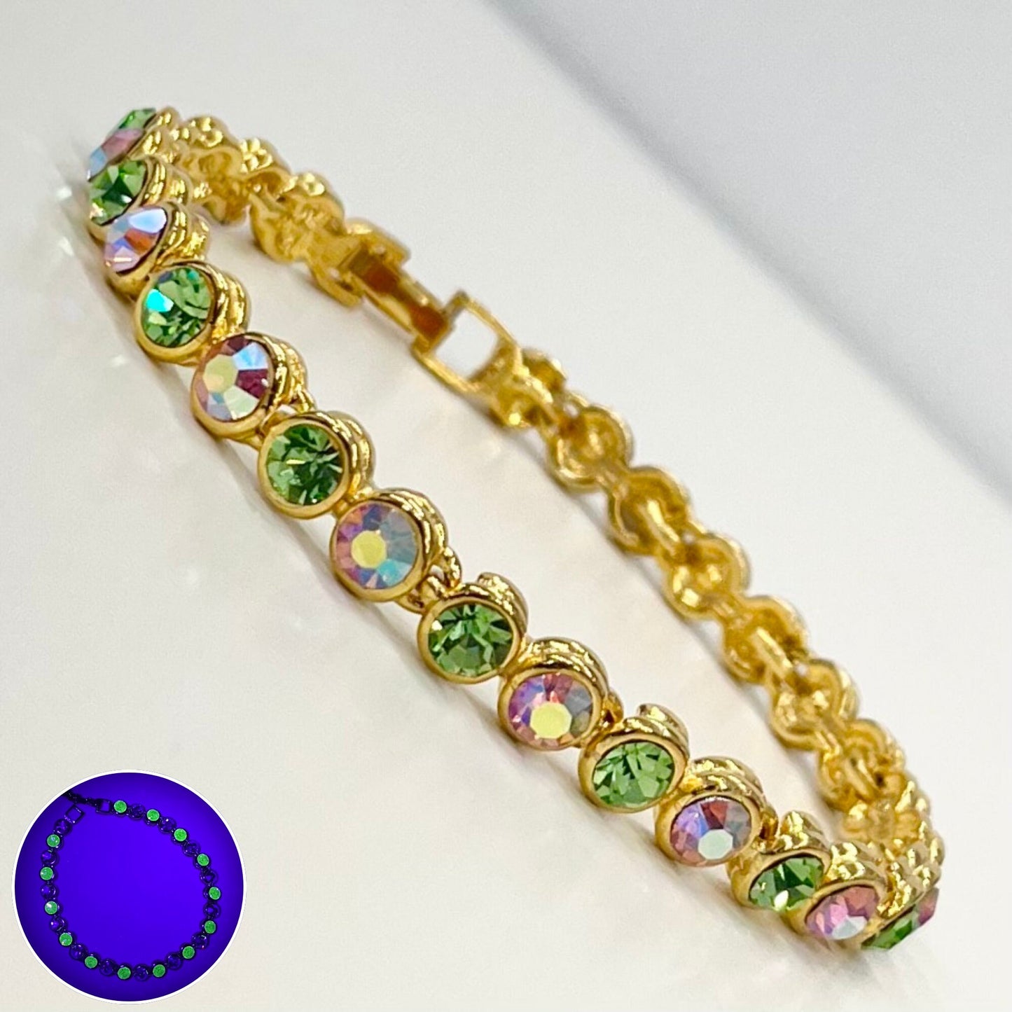 Vintage Green Uranium & Aurora Borealis Rose Pink Glass Crystal Tennis Bracelet Gold Tone Metal UV Reactive Glow Jewellery TheGreenGlassGemShop