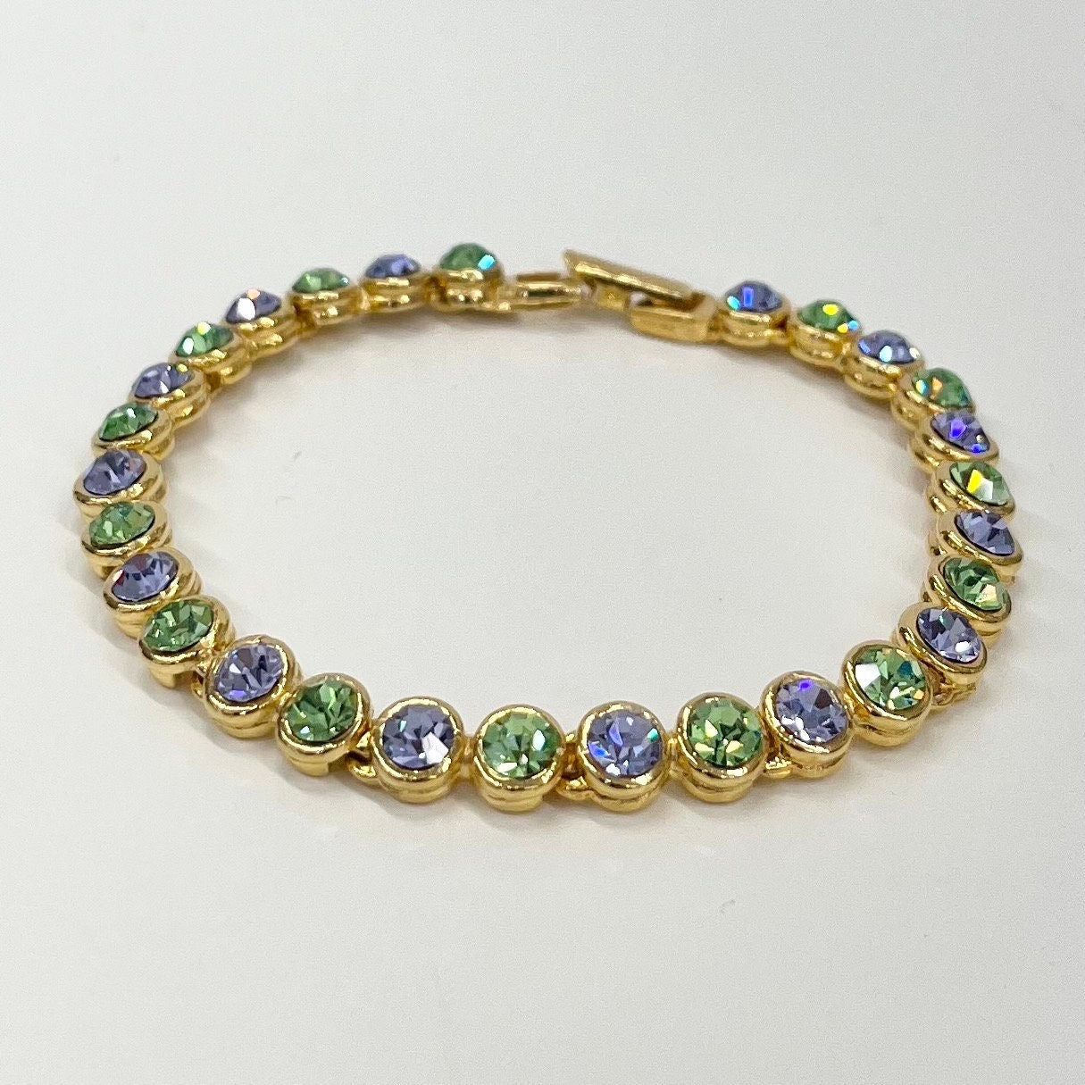 Vintage Green Uranium & Tanzanite Colour Glass Crystal Tennis Bracelet Gold Tone Metal UV Reactive Glow Jewellery TheGreenGlassGemShop