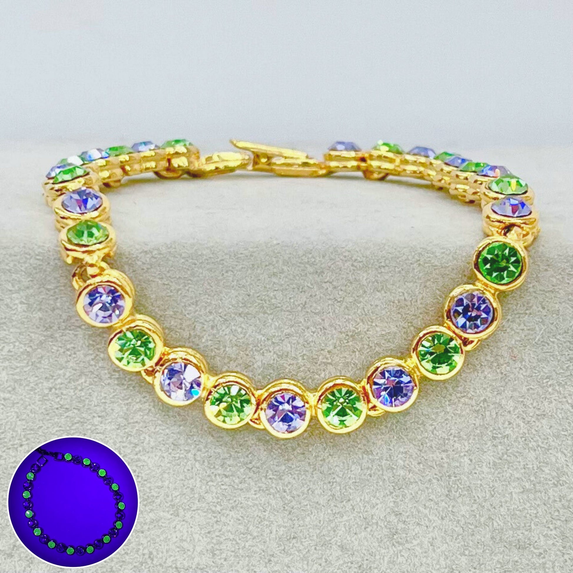 Vintage Green Uranium & Tanzanite Colour Glass Crystal Tennis Bracelet Gold Tone Metal UV Reactive Glow Jewellery TheGreenGlassGemShop