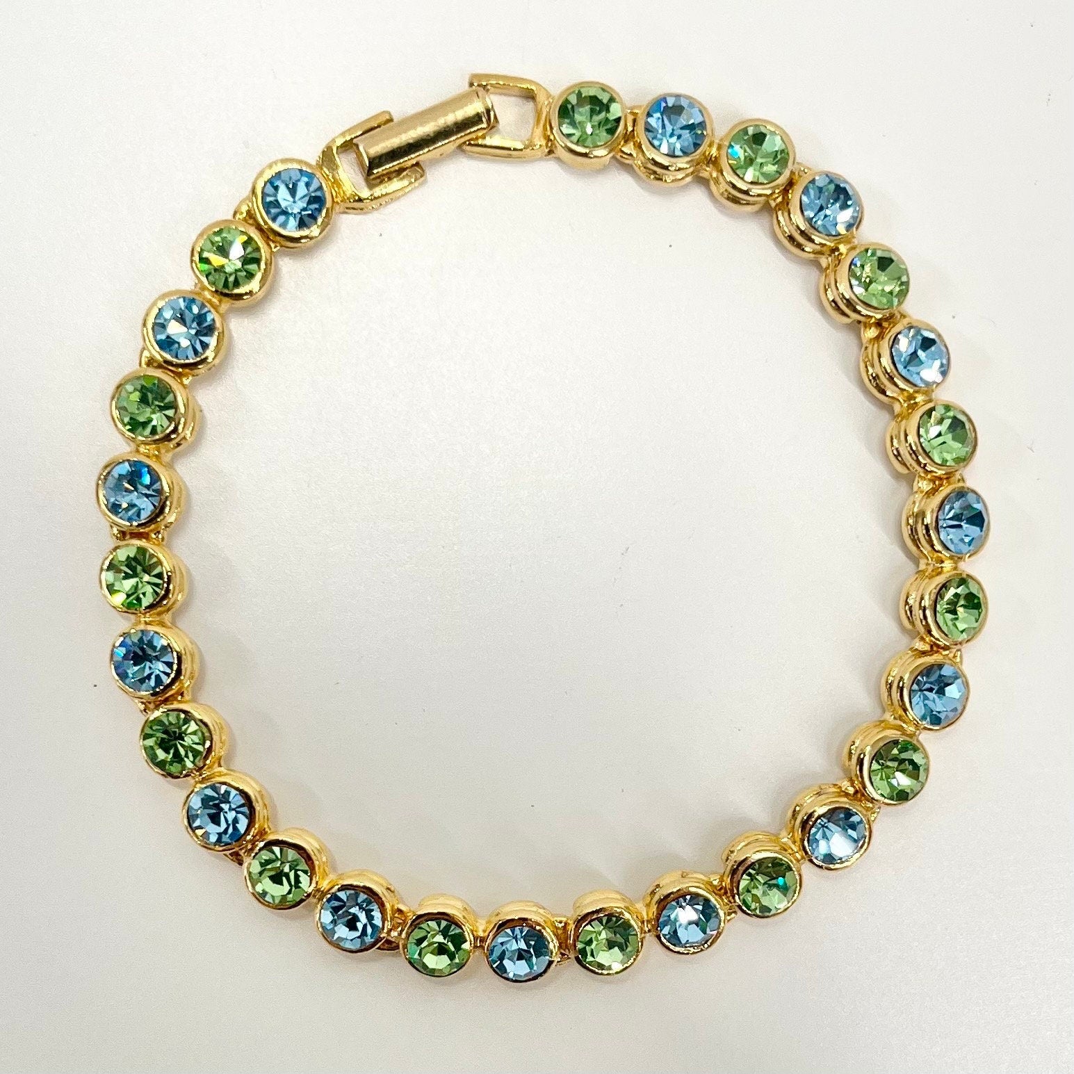 Vintage Green Uranium & Turquoise Blue Colour Glass Crystal Tennis Bracelet Gold Tone Metal UV Reactive Glow Jewellery TheGreenGlassGemShop