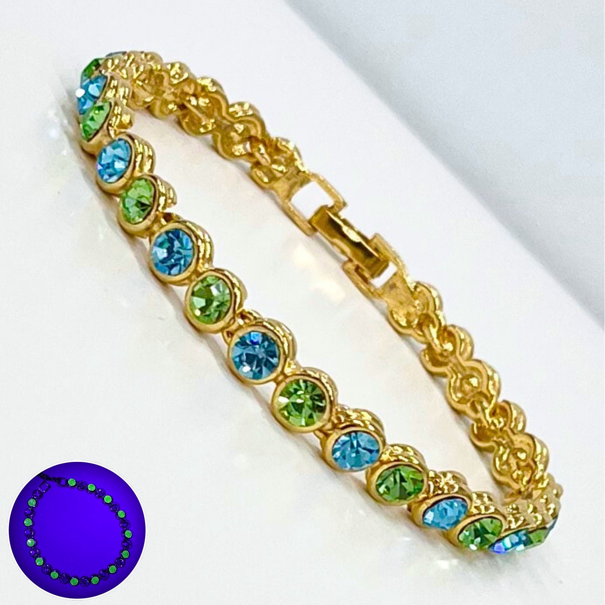 Vintage Green Uranium & Turquoise Blue Colour Glass Crystal Tennis Bracelet Gold Tone Metal UV Reactive Glow Jewellery TheGreenGlassGemShop