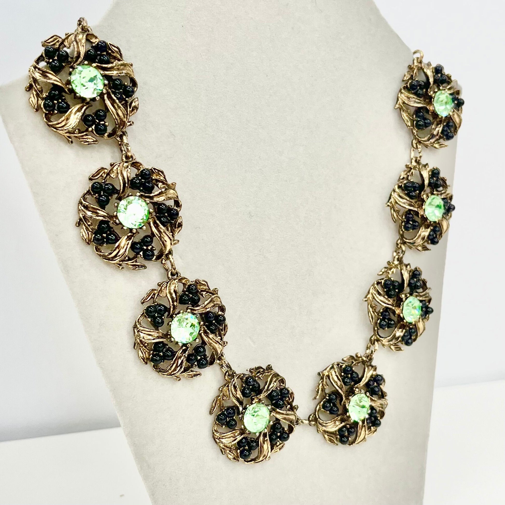 Vintage Sparkling Green Uranium Crystal & Black Faux Pearl Necklace Victorian Collar Style Gold Plated Setting UV Reactive Glowing Jewellery TheGreenGlassGemShop