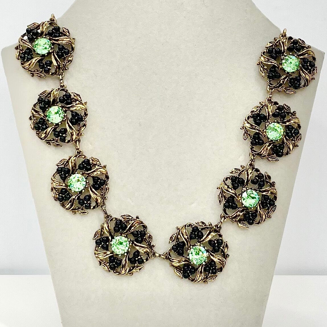 Vintage Sparkling Green Uranium Crystal & Black Faux Pearl Necklace Victorian Collar Style Gold Plated Setting UV Reactive Glowing Jewellery TheGreenGlassGemShop