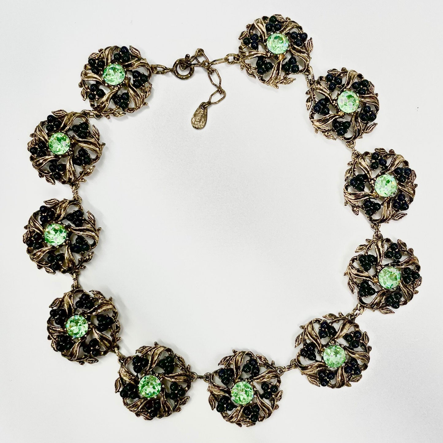 Vintage Sparkling Green Uranium Crystal & Black Faux Pearl Necklace Victorian Collar Style Gold Plated Setting UV Reactive Glowing Jewellery TheGreenGlassGemShop