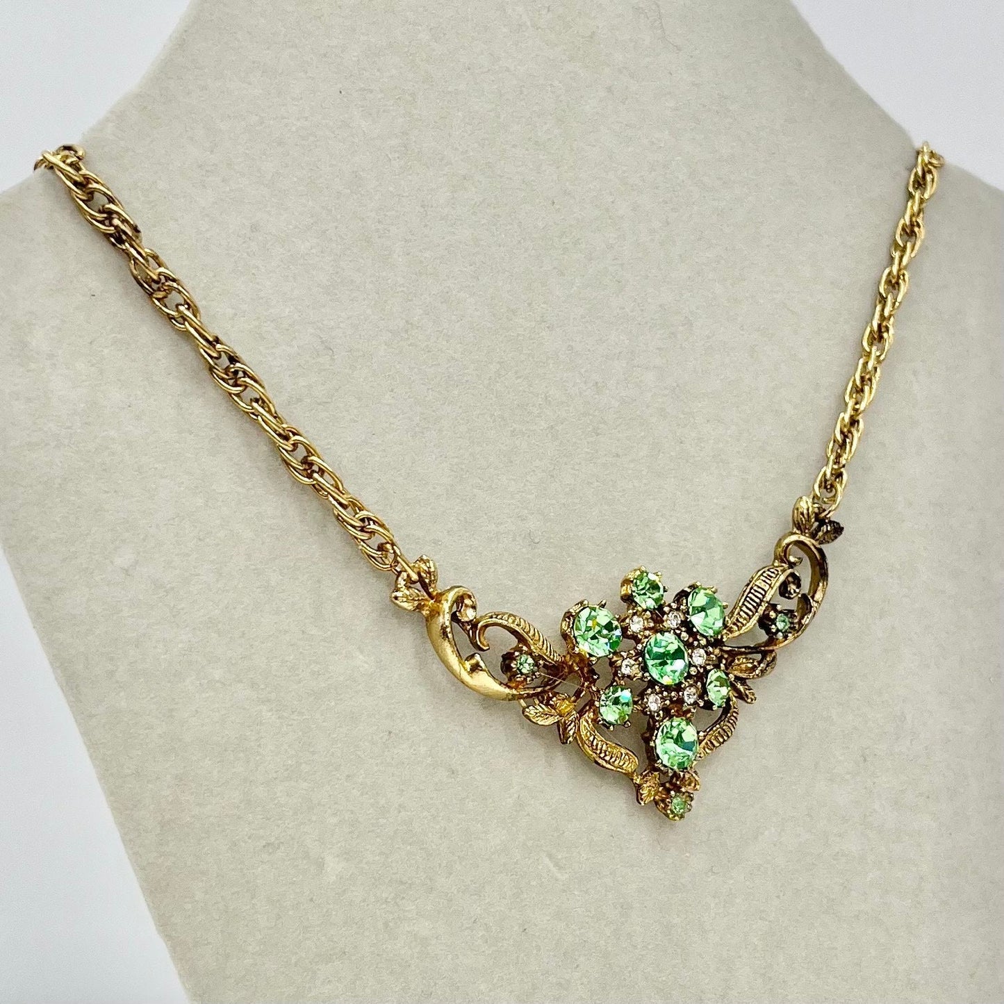 Vintage Green Uranium Crystal Necklace Victorian Style Gold Plated Setting UV Reactive Glowing Jewellery TheGreenGlassGemShop