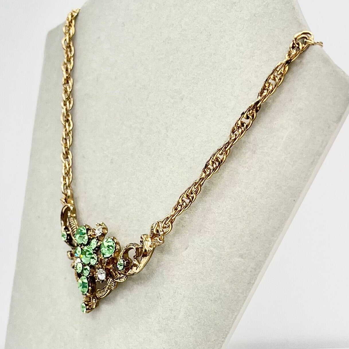 Vintage Green Uranium Crystal Necklace Victorian Floral Style Gold Plated Setting UV Reactive Glowing Jewellery TheGreenGlassGemShop