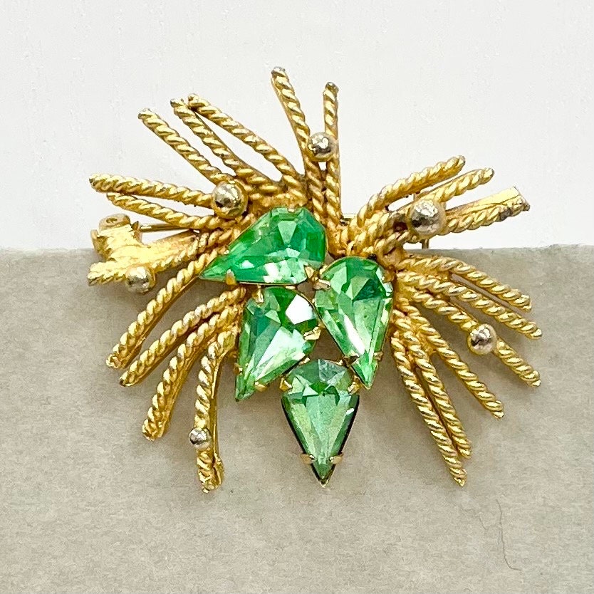 Vintage Green Uranium Glass Teardrop Crystal Brooch Gold Tone Metal in a Unusual Splayed Branch Shape TheGreenGlassGemShop