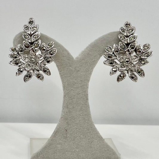 Vintage Marcasite Floral Screw Back / Clip On Earrings Silver Tone Victorian Style 1960’s - 1970’s TheGreenGlassGemShop