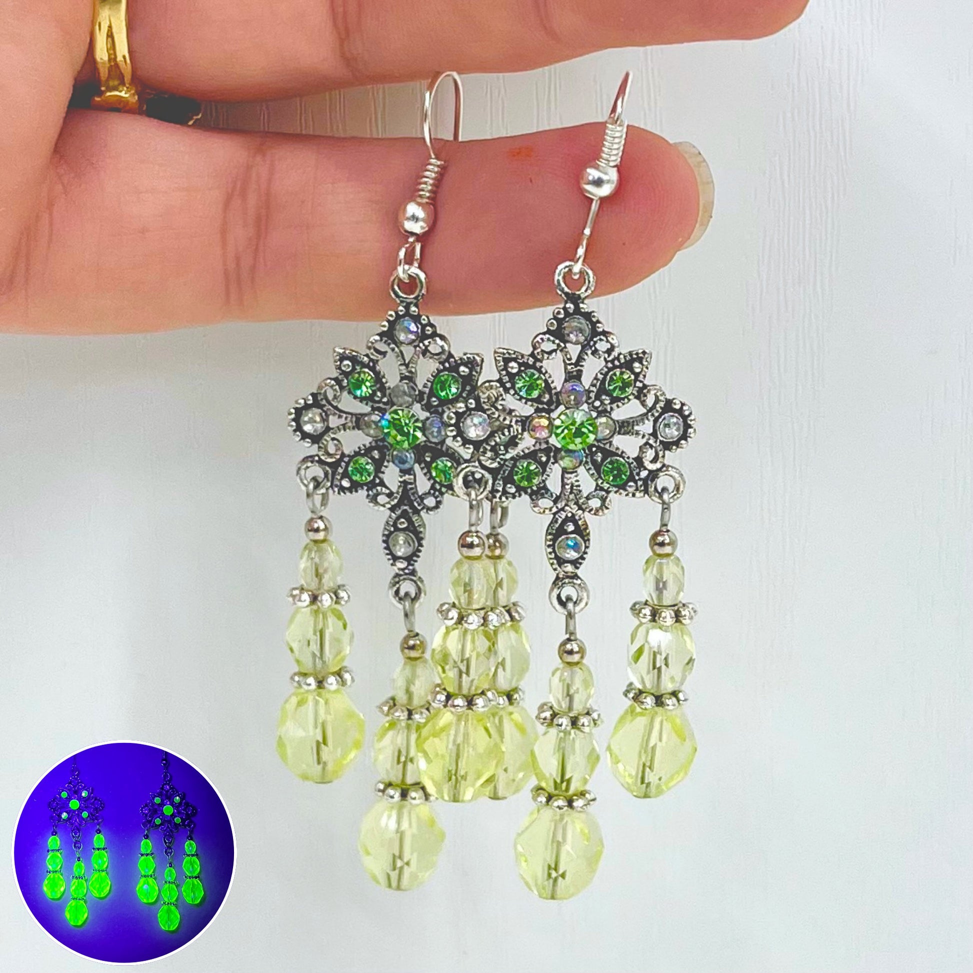 Handmade Yellow Czech Firepolished Crystal Uranium Glass Bead Drop Earrings Floral Chandelier Style UV Reactive Glow TheGreenGlassGemShop