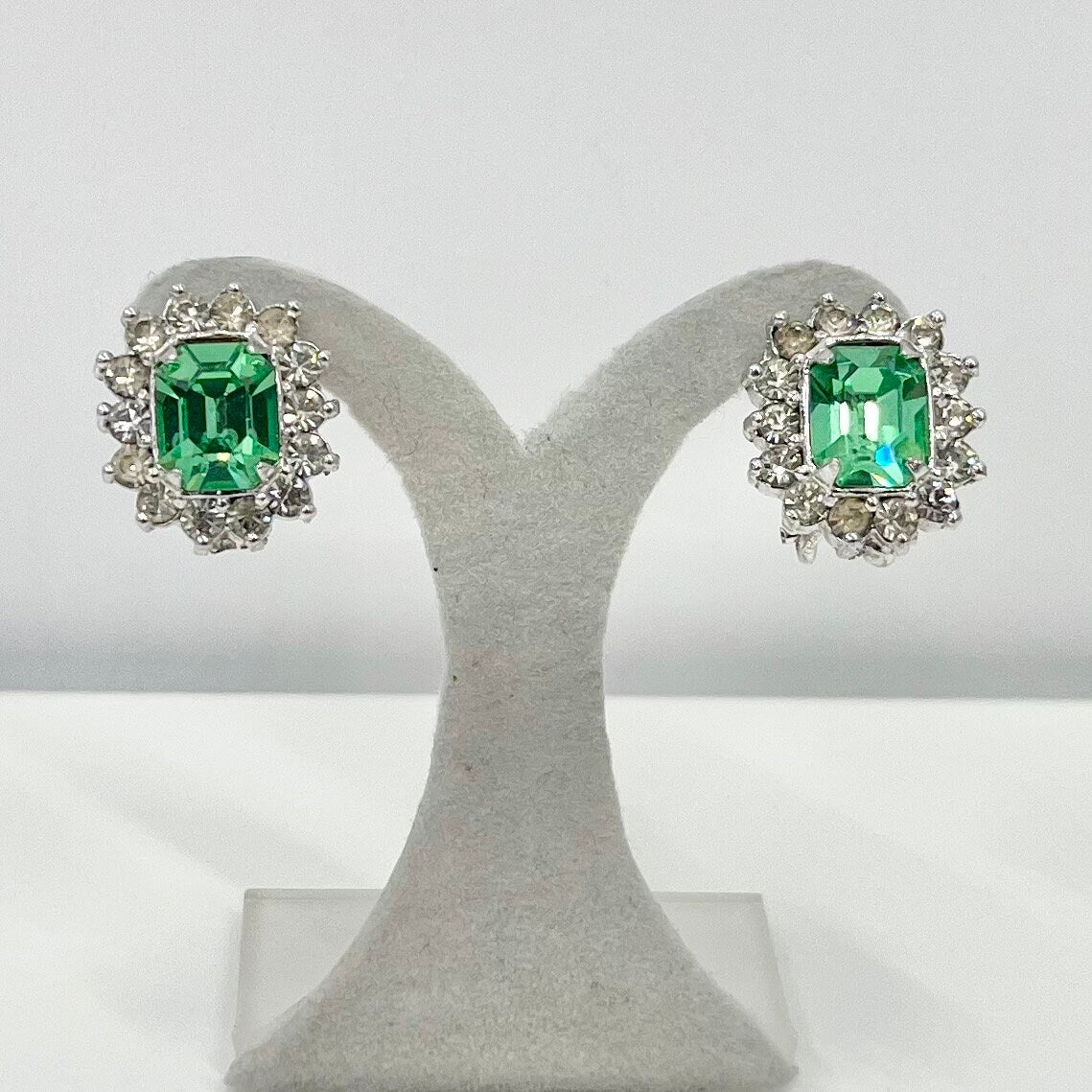 Vintage Green Uranium Crystal Baguette Cut Stud Earrings with a Clear Crystal Halo Silver Plated Setting UV Reactive Glowing Jewellery TheGreenGlassGemShop