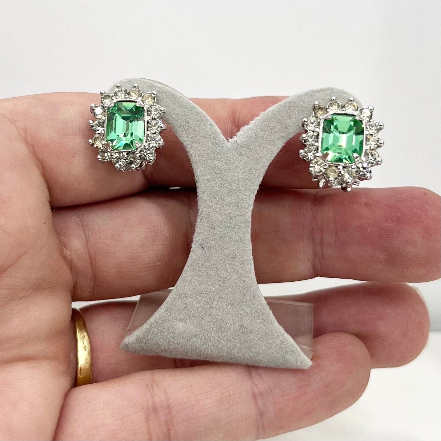 Vintage Green Uranium Crystal Baguette Cut Stud Earrings with a Clear Crystal Halo Silver Plated Setting UV Reactive Glowing Jewellery TheGreenGlassGemShop