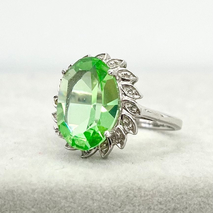 Sterling Silver Uranium Glass Oval Cut Crystal Dress Ring with a Sparkling Halo UV Reactive Glow UV Jewellery Size uk N or us 7 TheGreenGlassGemShop